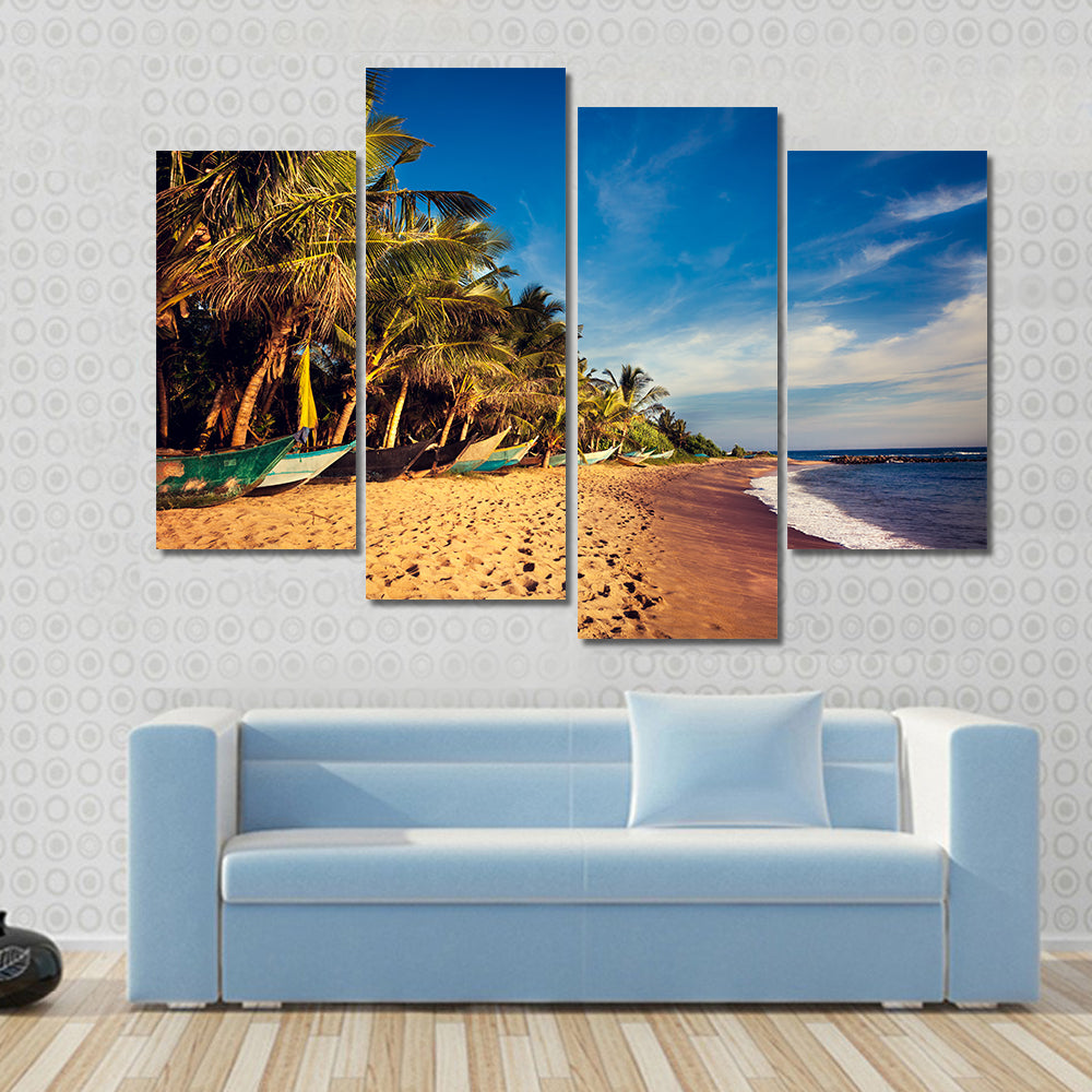Boats On A Tropical Beach In Mirissa South Sri Lanka Canvas Wall Art