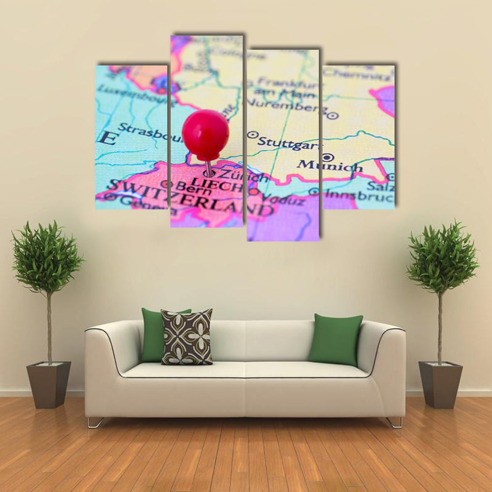 Red Pushpin on Map of Switzerland Canvas Wall Art