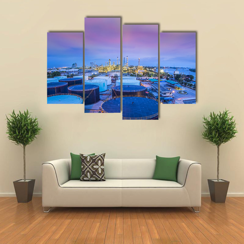 Twilight Oil Refinery with Storage Tanks Canvas Wall Art