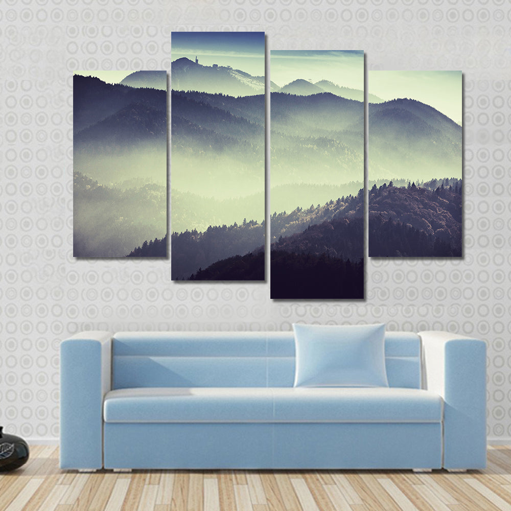 Misty Mountain Valley with Tower Silhouette Canvas Wall Art