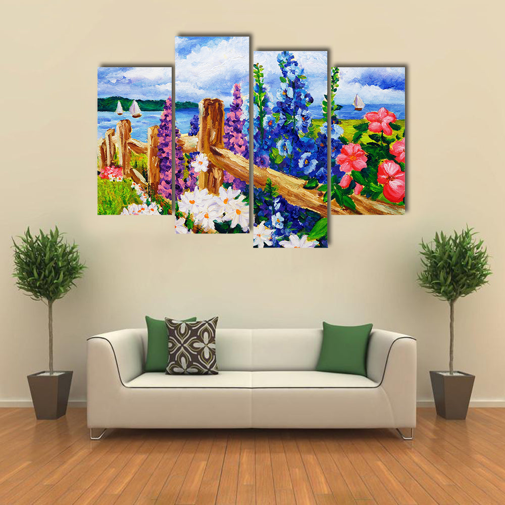 Summer Wildflowers by Split-rail Fence Canvas Wall Art