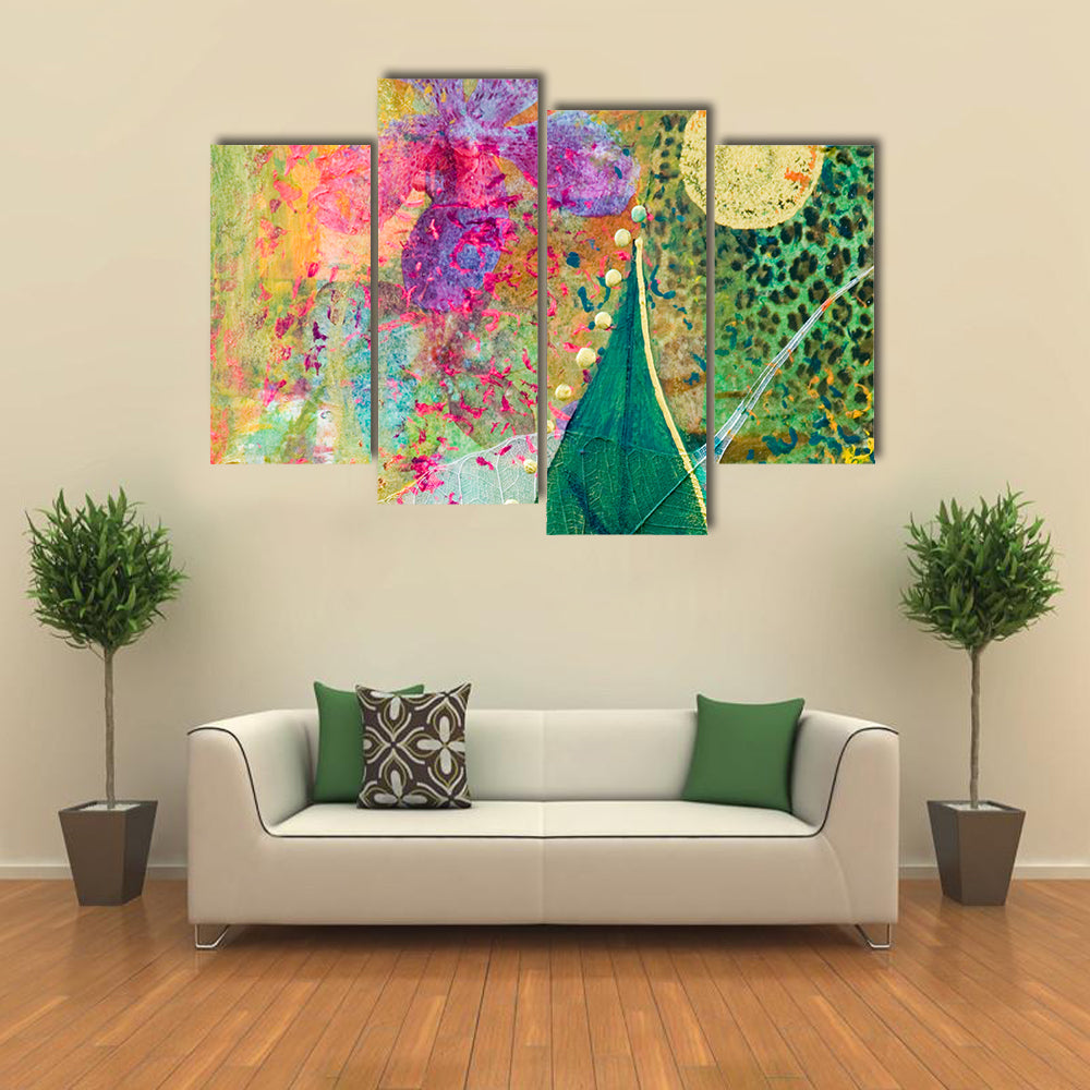 Green Leaf and Purple Orchid Abstract Canvas Wall Art