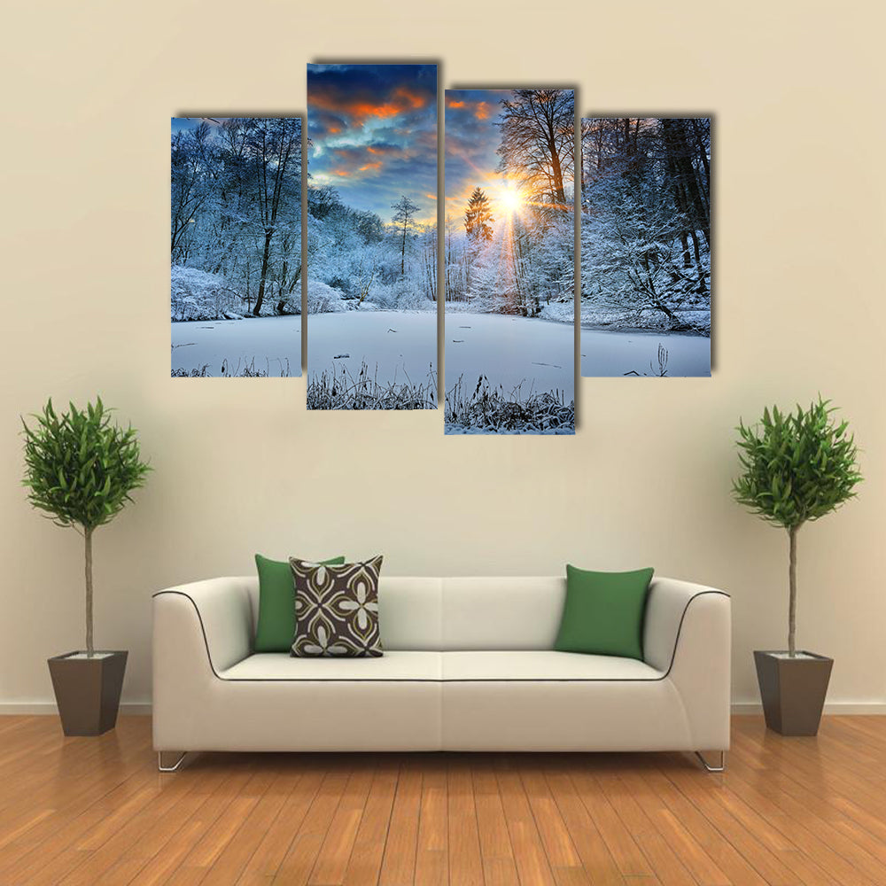 Spectacular Sunset Over Winter Forest Lake Canvas Wall Art