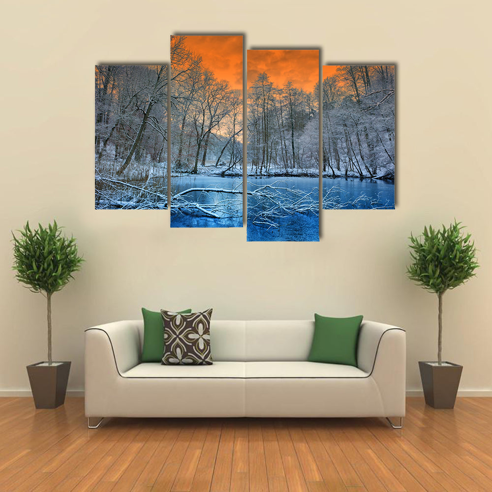 Orange Sunset Over White Winter Forest Canvas Wall Art
