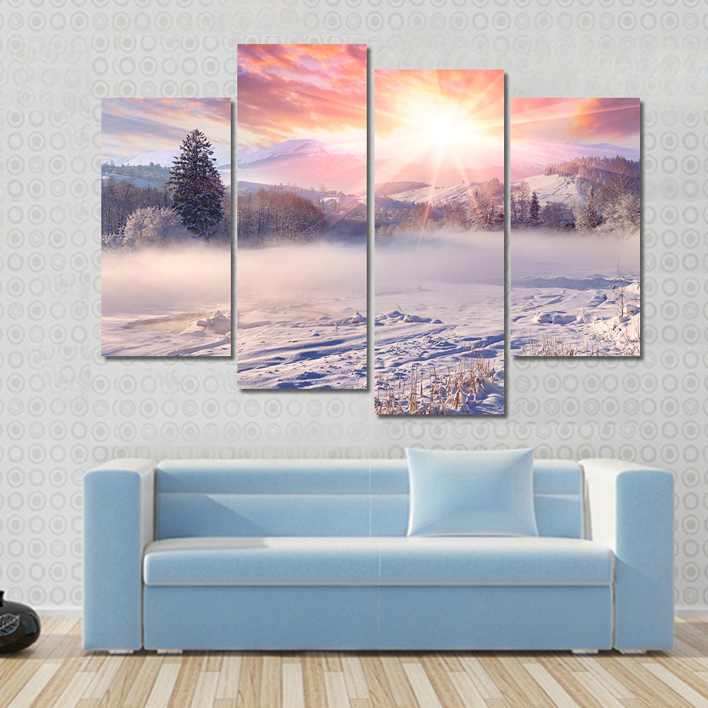 Winter Sunrise In Mountain Village Canvas Wall Art