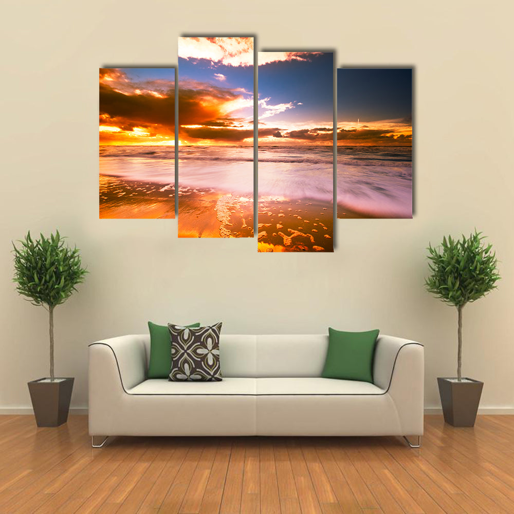 Sunset And Waves On The Beach Canvas Wall Art