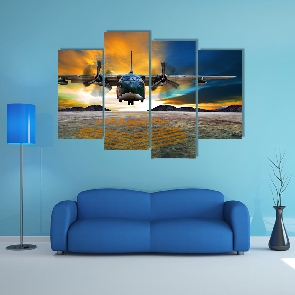 Twin-engine Military Transport at Golden Hour Canvas Wall Art