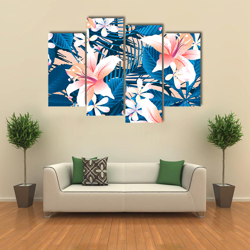 Tropical Lily and Plumeria Floral Pattern Canvas Wall Art