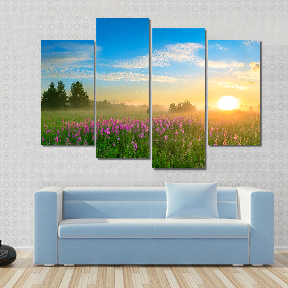 Sunrise Over Blossoming Meadow Canvas Wall Art