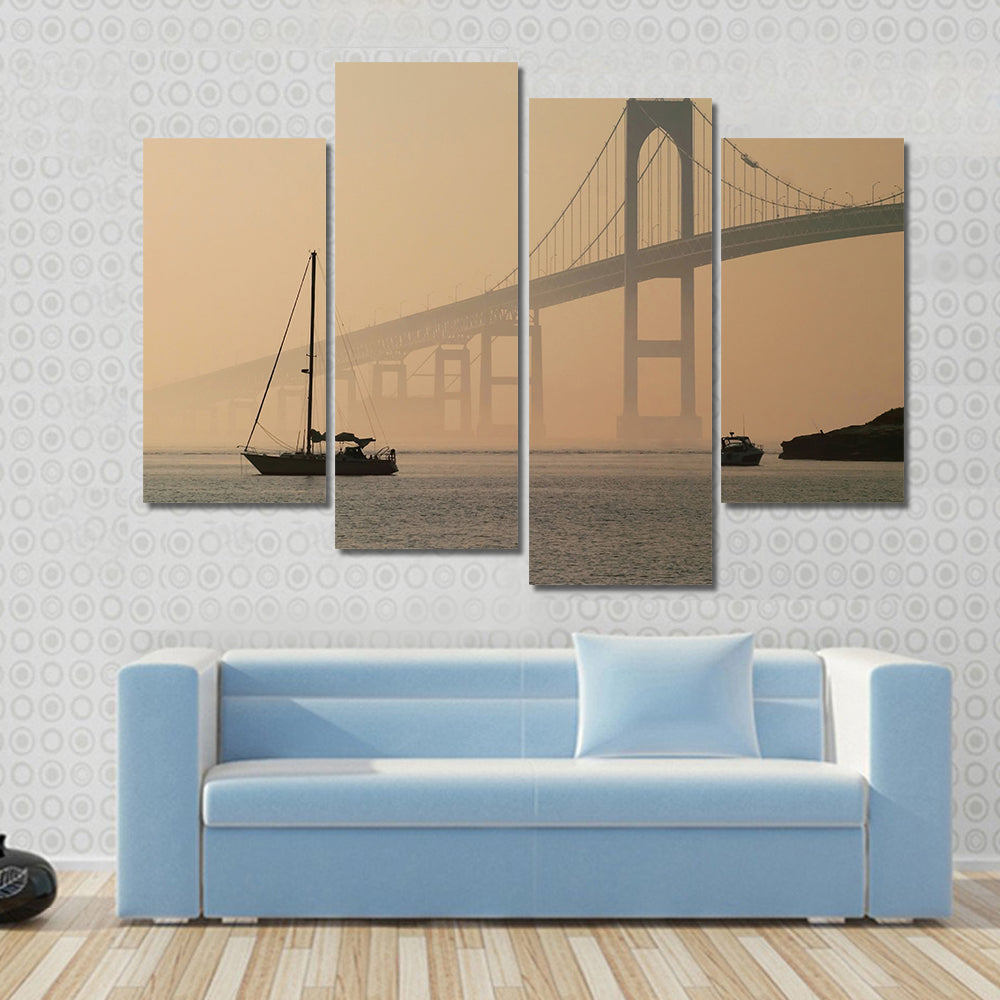 Hazy Suspension Bridge with Sailboat Canvas Wall Art