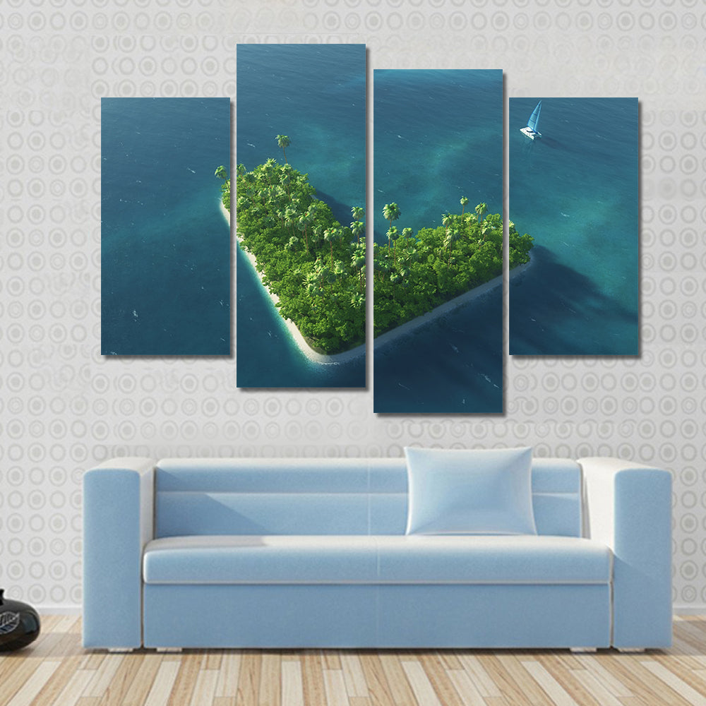 Heart-shaped Tropical Island with Sailboat Canvas Wall Art