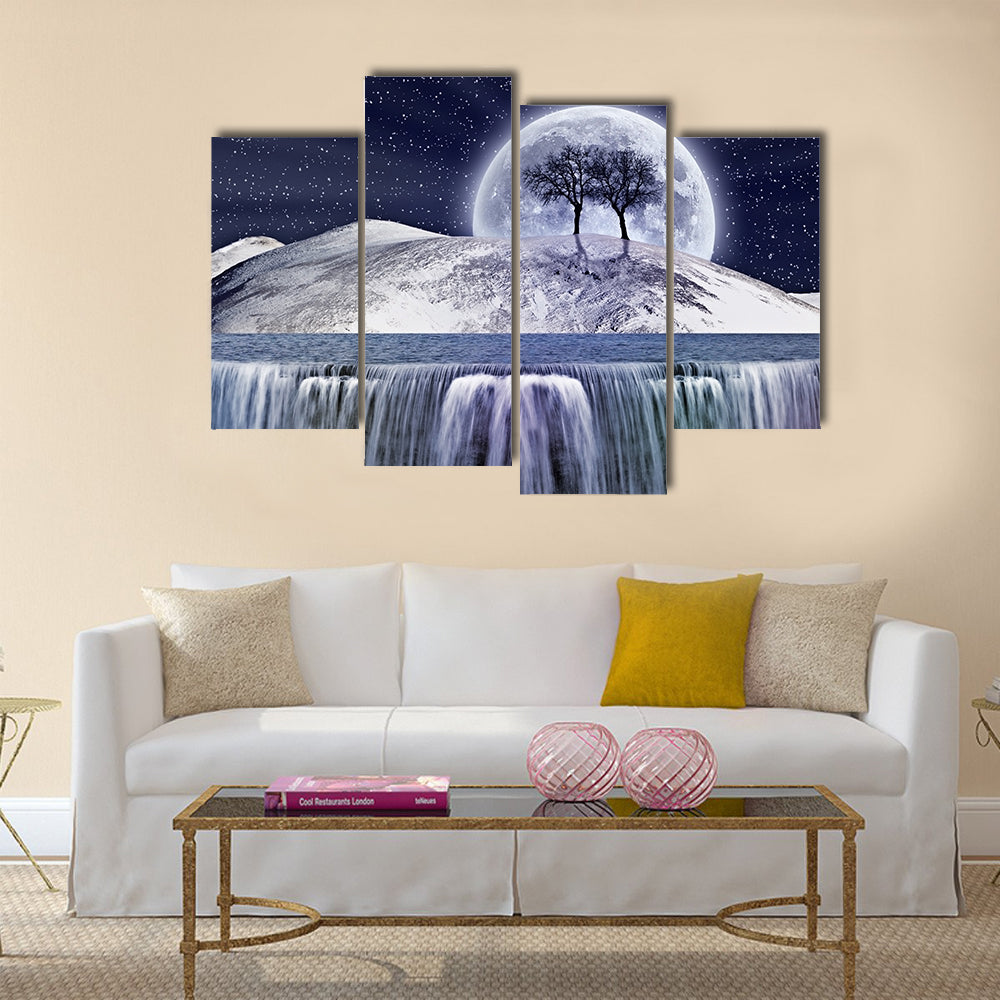 Winter Moonlight Landscape with Waterfall Canvas Wall Art