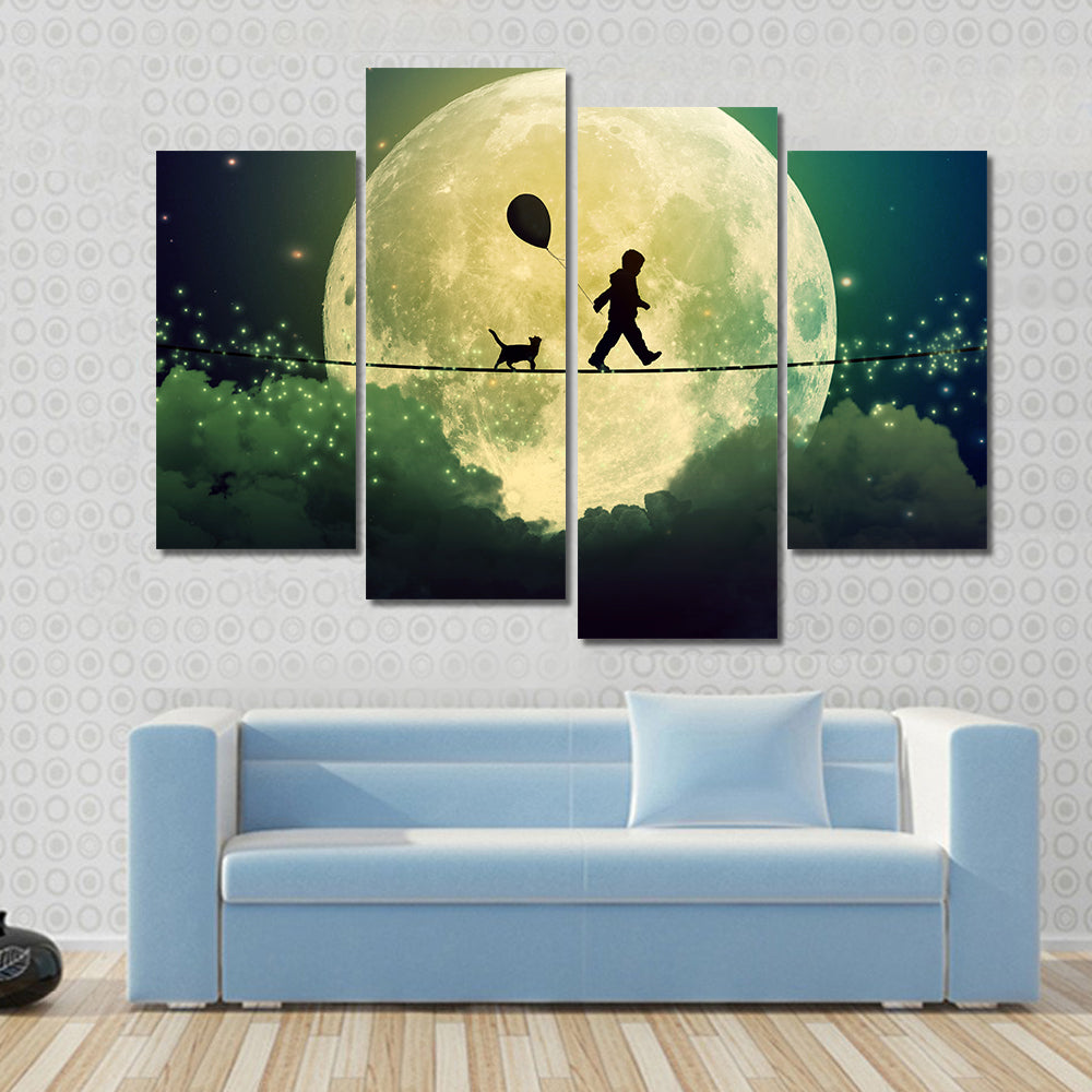 Child on Tightrope Under Full Moon Canvas Wall Art