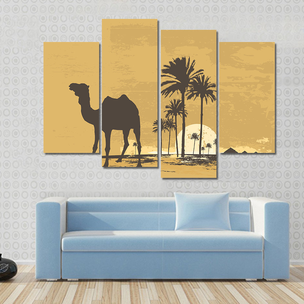 African Desert Sunset with Camel Silhouette Canvas Wall Art