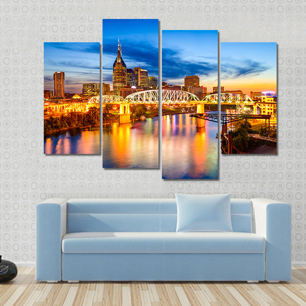 Nashville Skyline with Pedestrian Bridge at Dusk Canvas Wall Art