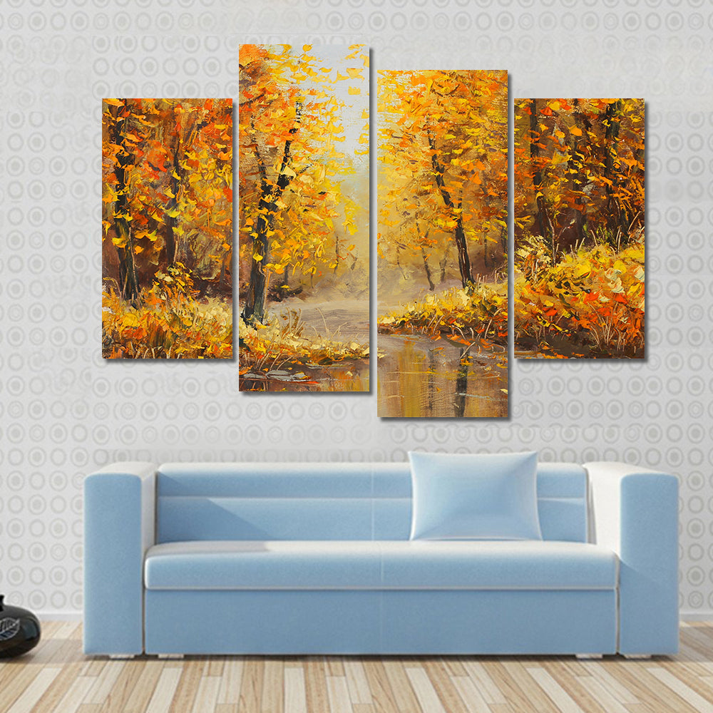 Golden Autumn Along a River Canvas Wall Art