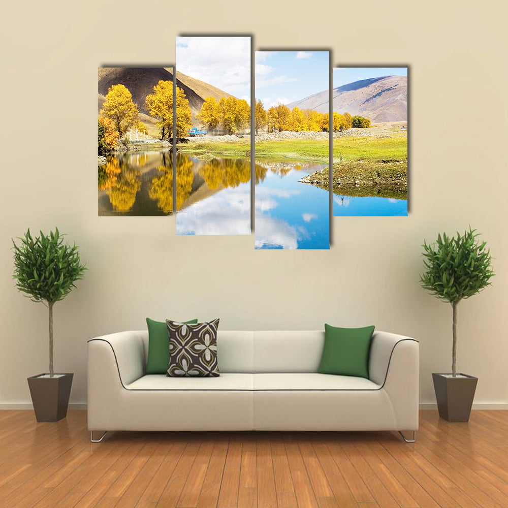 Autumn Mountain Lake with Golden Trees Canvas Wall Art