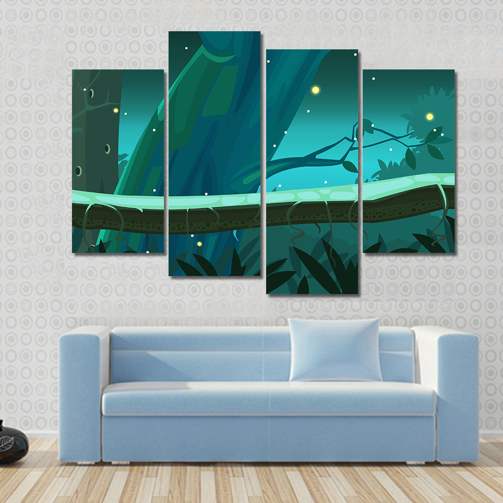 Mossy Tree Trunk with Glowing Fireflies Canvas Wall Art