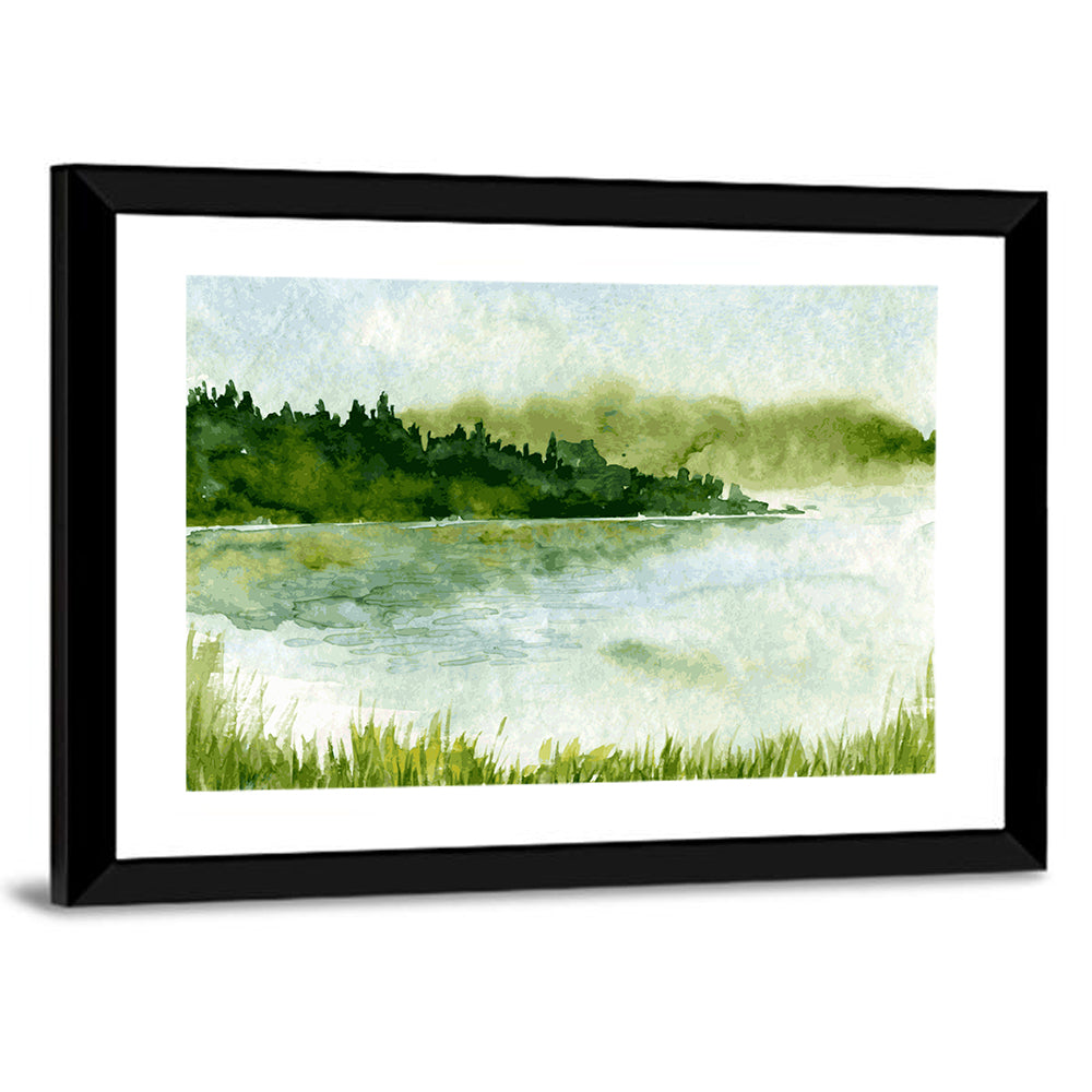 Watercolor River and Spruce Forest Canvas Wall Art