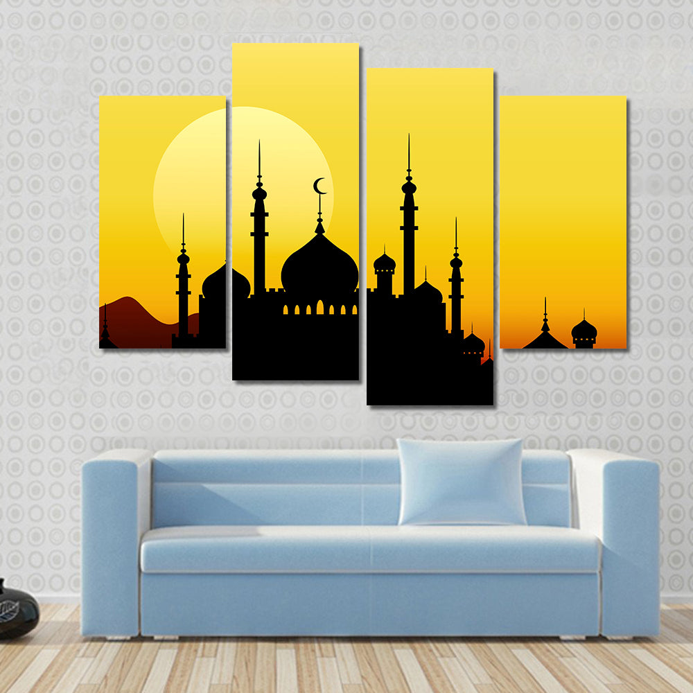 Ramadan Mosque Silhouette with Golden Sun Canvas Wall Art