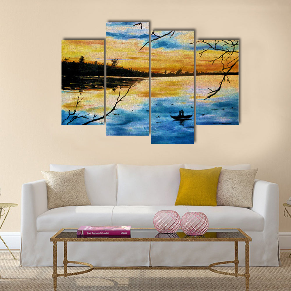 Lovers in a Boat at Sunset Canvas Wall Art