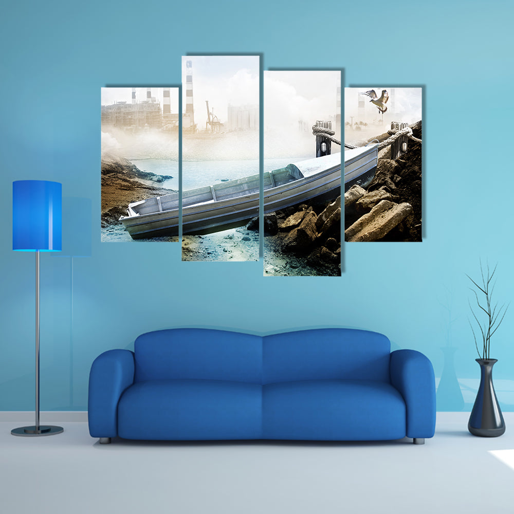Weathered Boat at Industrial Shoreline Canvas Wall Art