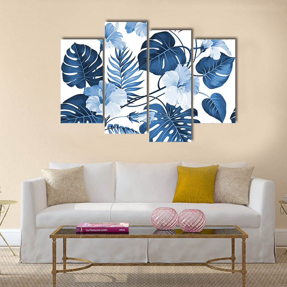 Navy Blue Tropical Leaves Pattern Canvas Wall Art
