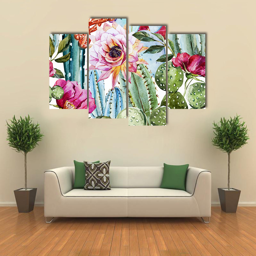 Watercolor Cactus Pattern with Pink Blooms Canvas Wall Art