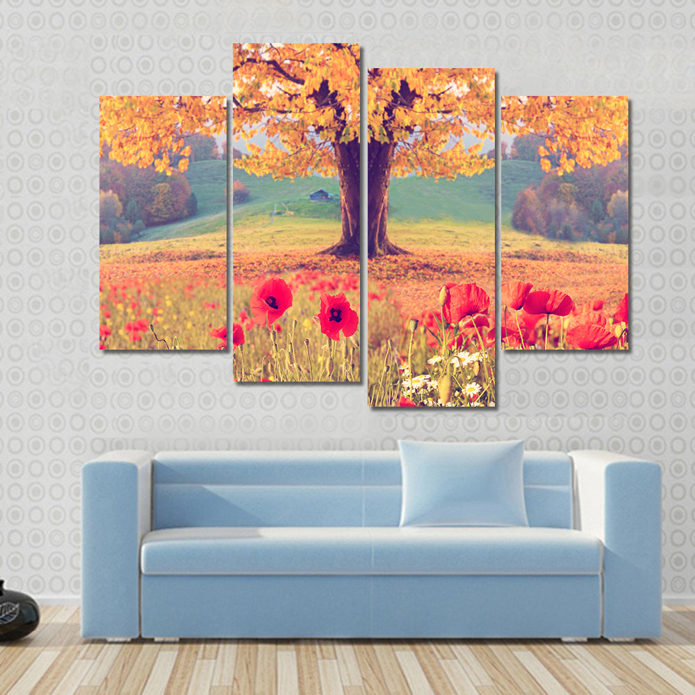 Red Poppies and Golden Tree Canvas Wall Art