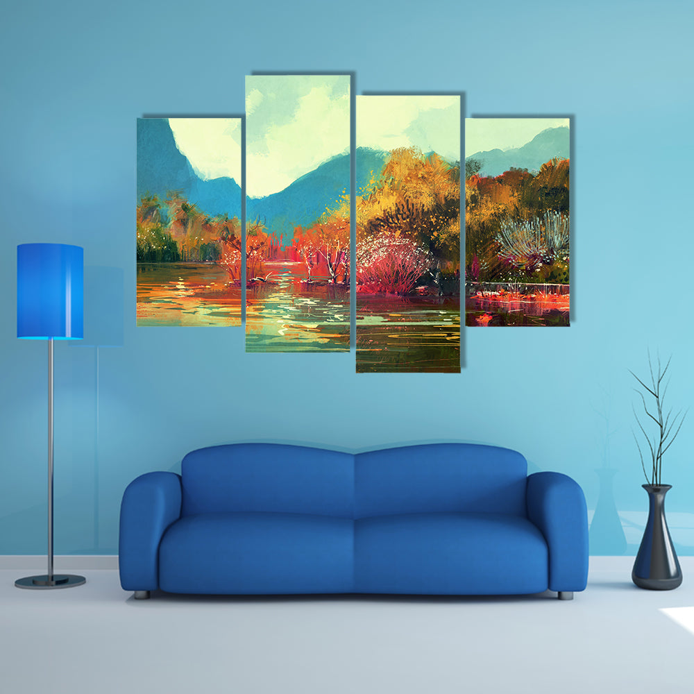 Autumn Lake Forest Illustration Canvas Wall Art