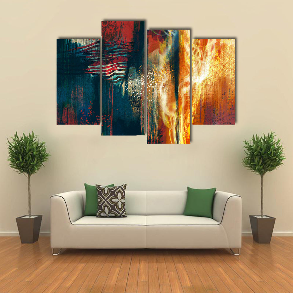 Abstract American Flag in Flames Canvas Wall Art