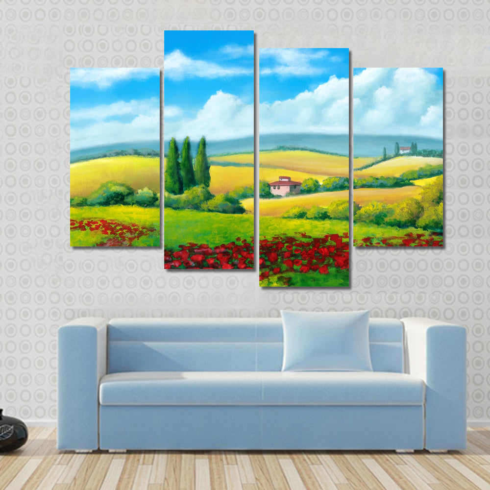 Tuscan Poppy Field with Cypress Trees Canvas Wall Art