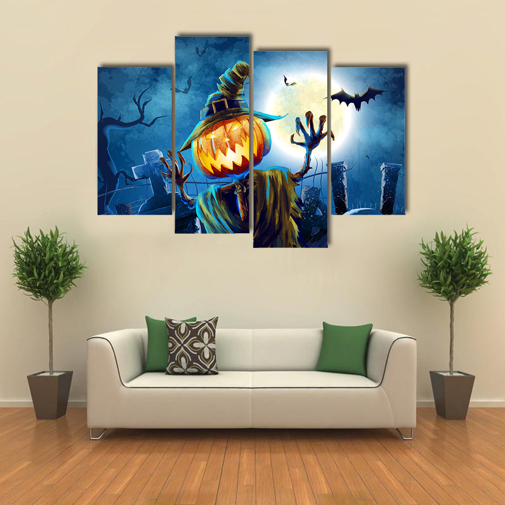 Pumpkin-headed Monster in Graveyard Canvas Wall Art
