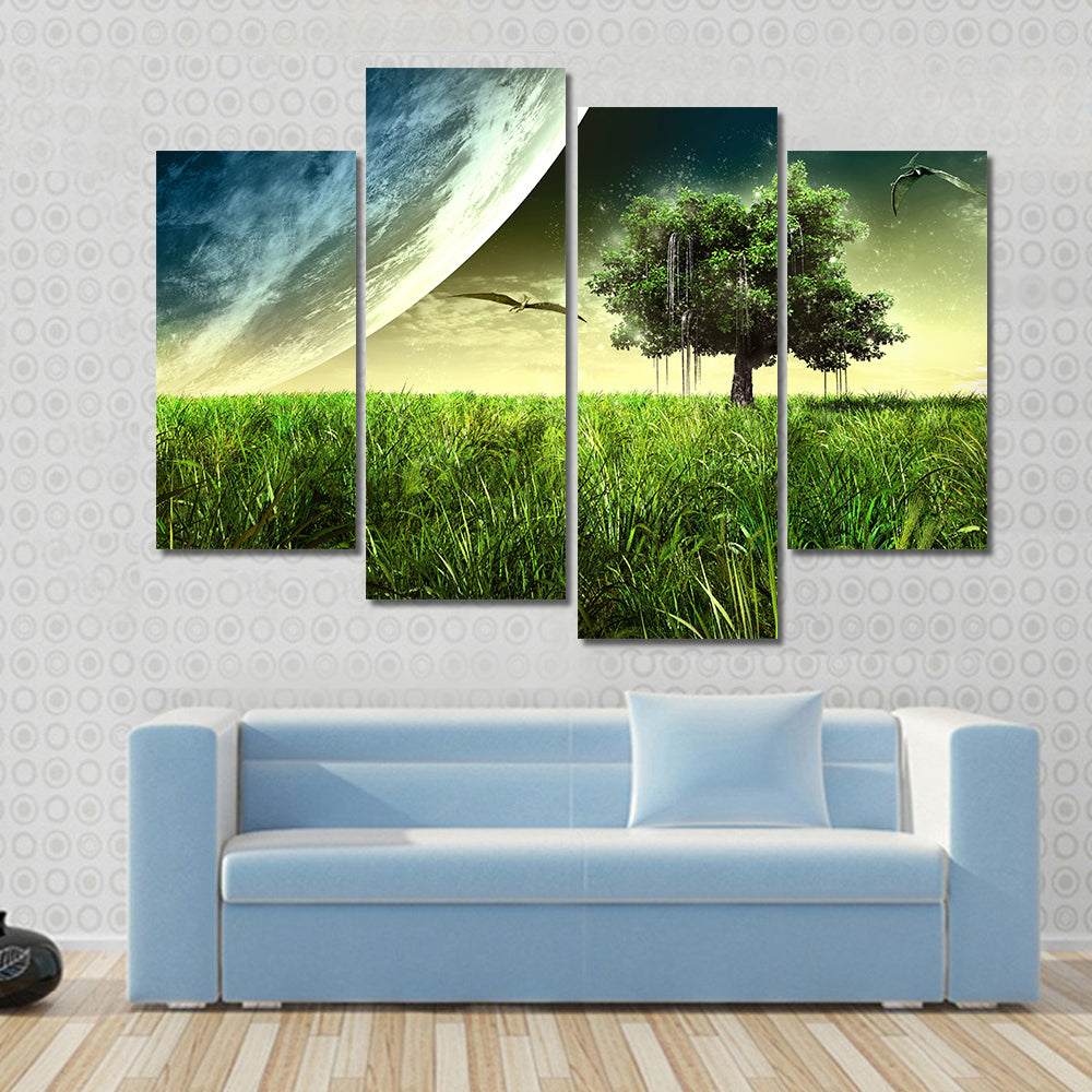 Green Meadow with Pterodactyls Canvas Wall Art