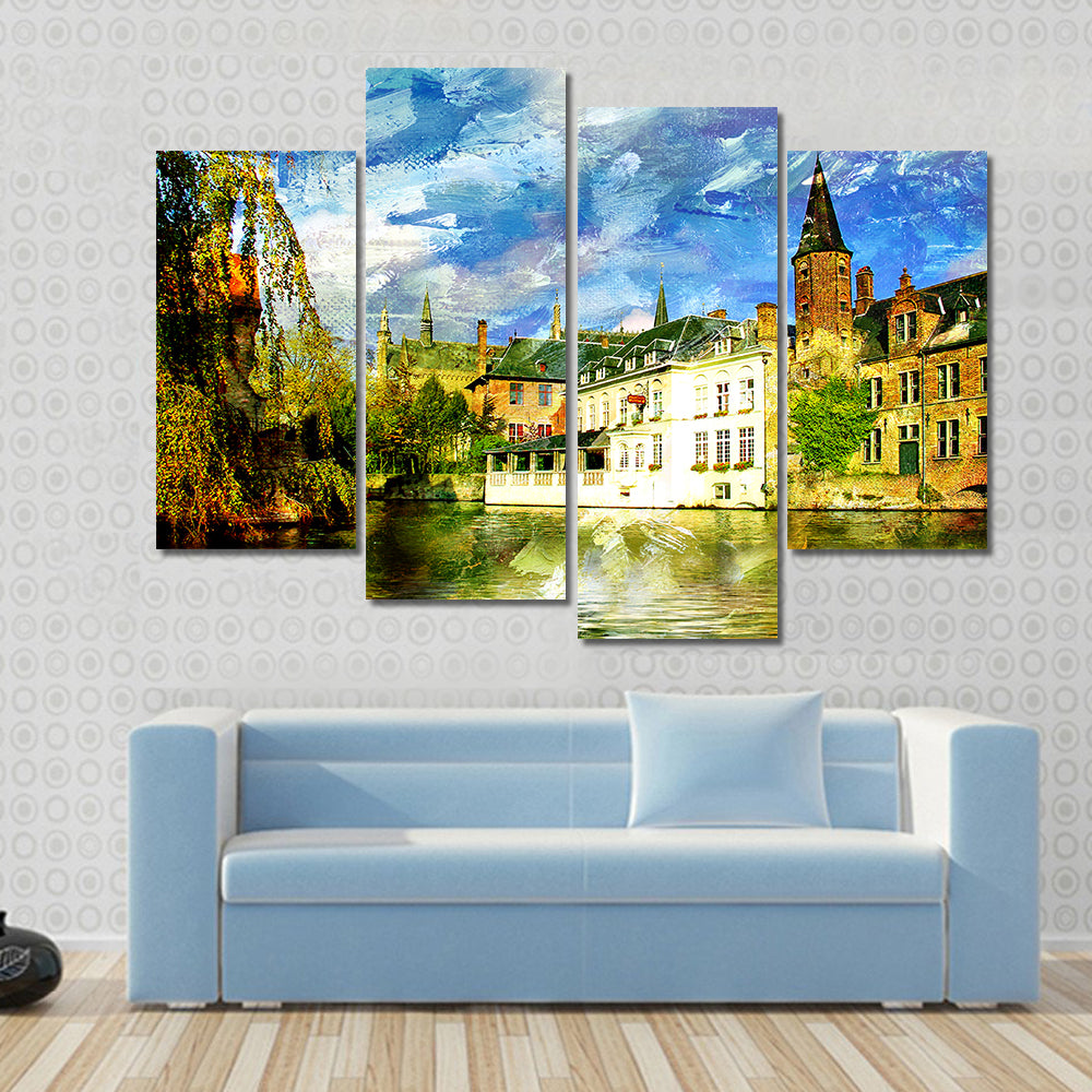 Belgian Canal in a Small Town Canvas Wall Art