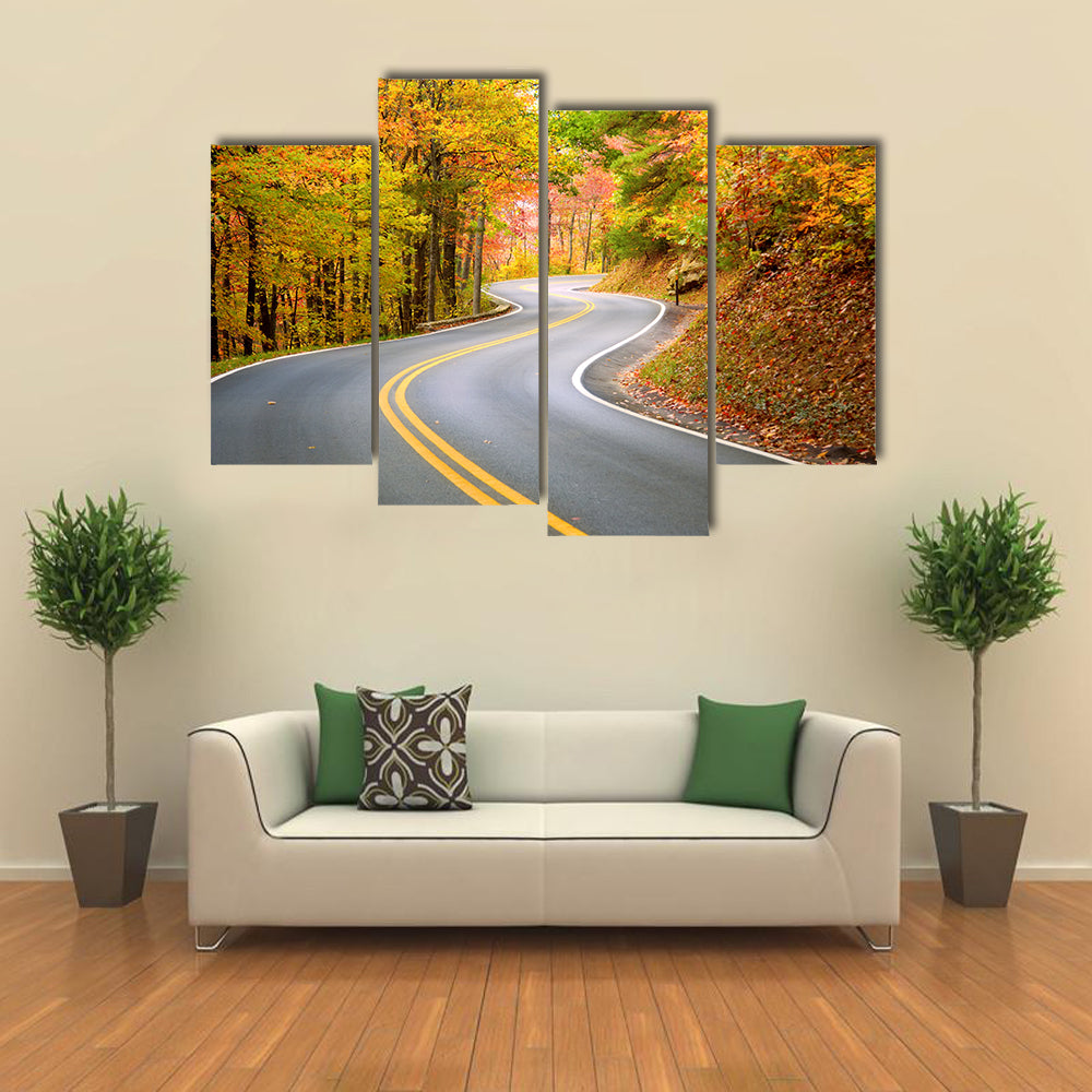 Winding Road Through Fall Forest In Appalachian Mountains Canvas Wall Art