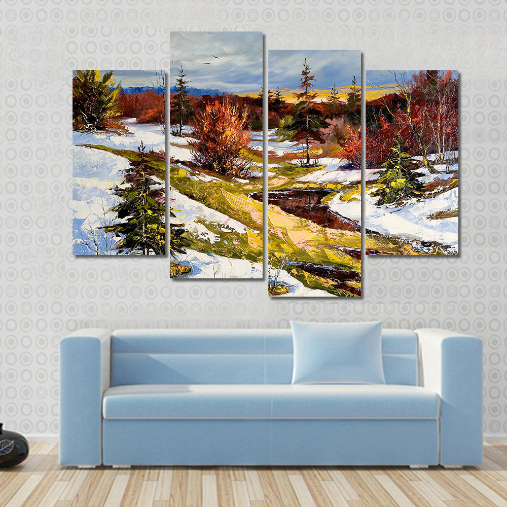 Snowy Stream at Sunset Canvas Wall Art