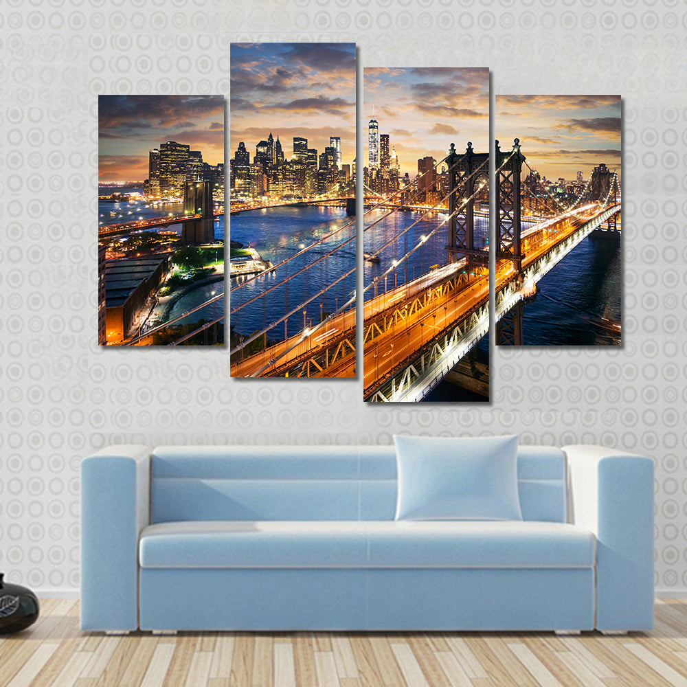 Manhattan Bridge and Skyline at Dusk Canvas Wall Art