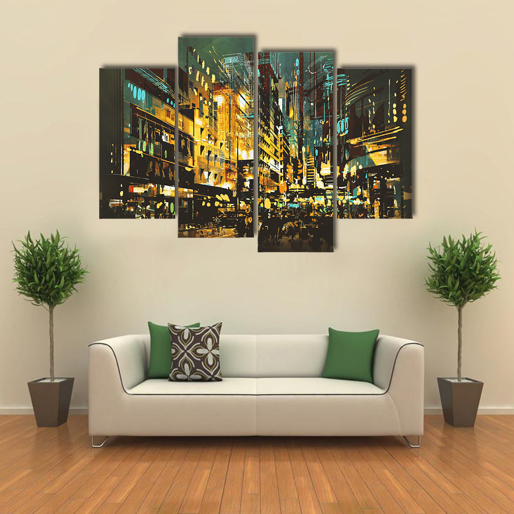 Abstract Night Cityscape with Golden Lights Canvas Wall Art