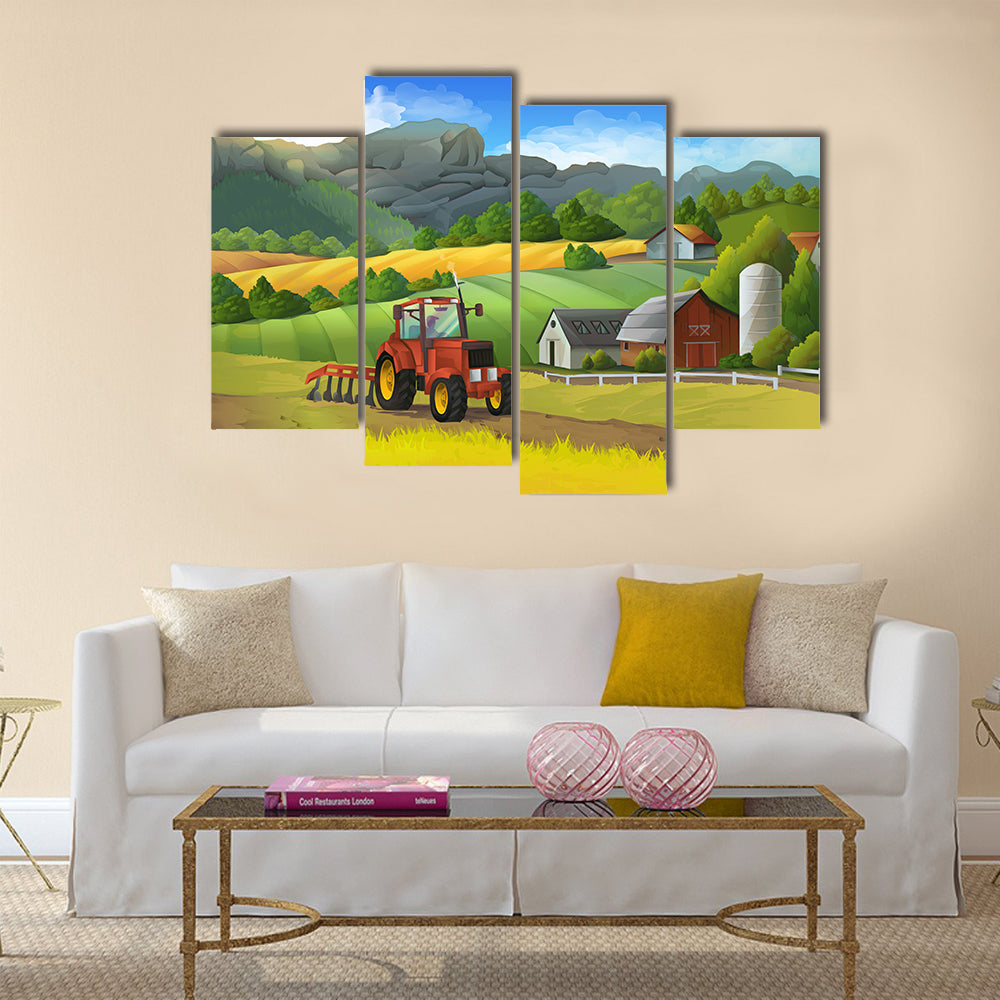 Red Tractor on Sunny Farm Landscape Canvas Wall Art