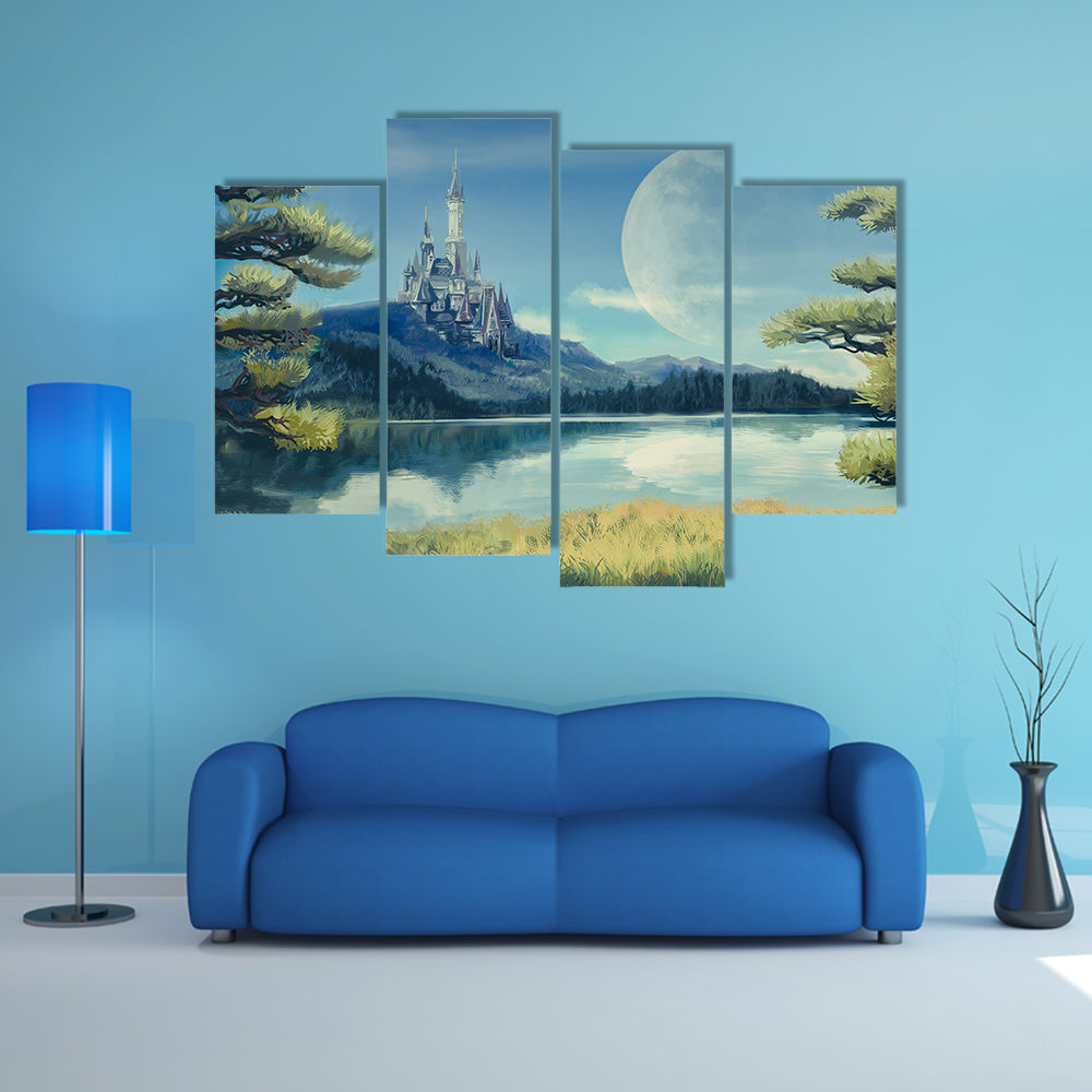 Gothic Castle by Moonlit Lake Canvas Wall Art
