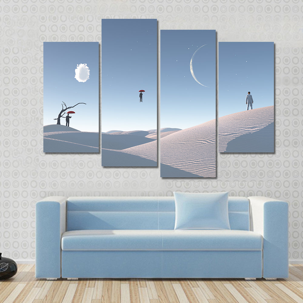 Floating Man with Umbrella in Surreal Desert Canvas Wall Art
