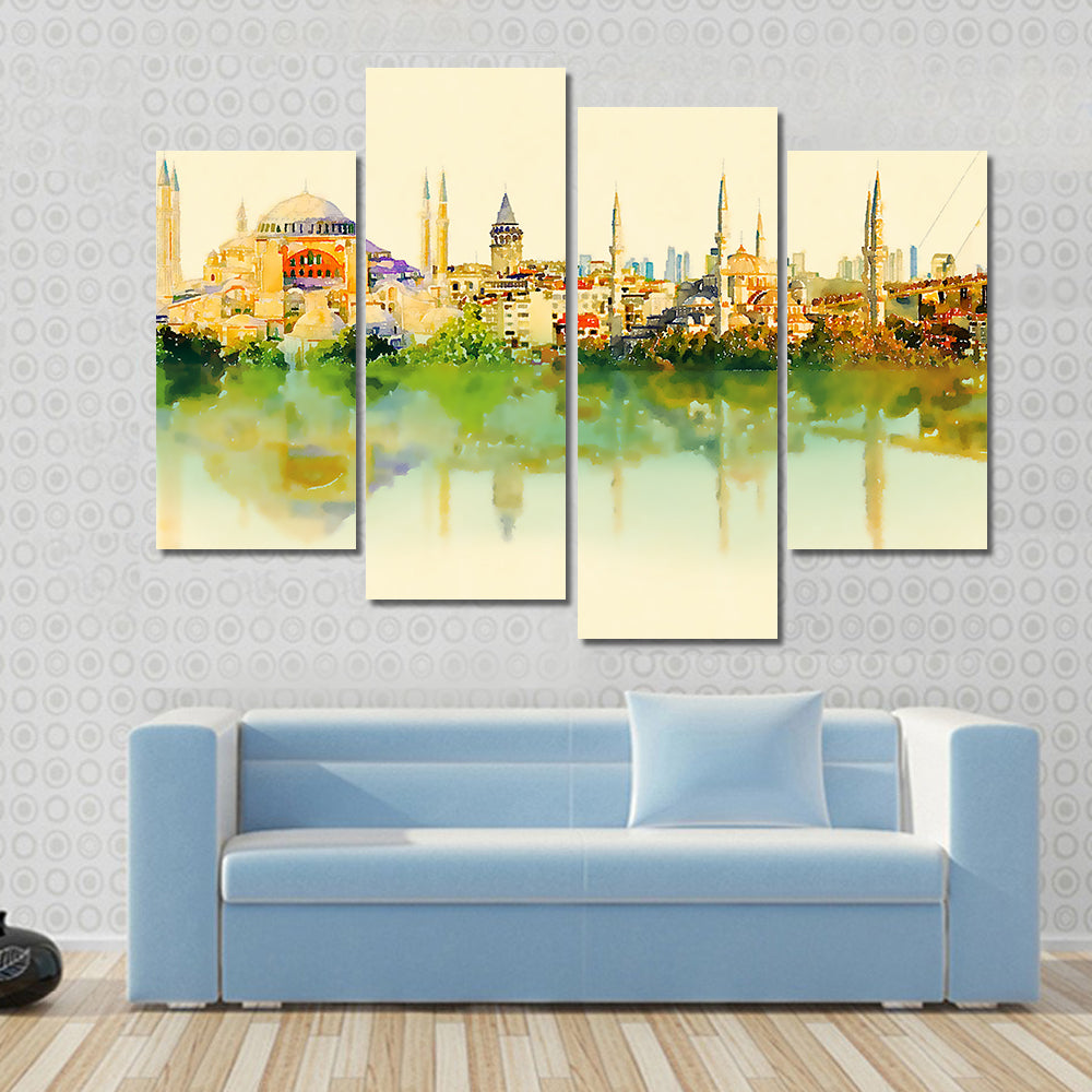 Istanbul Watercolor Skyline with Hagia Sophia Reflection Canvas Wall Art