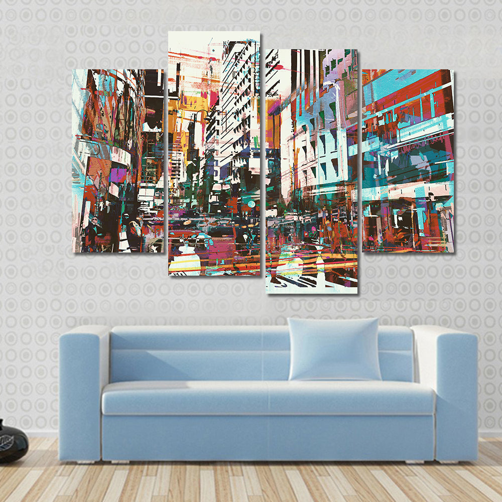 Energetic Abstract Cityscape in Cyan and Red Canvas Wall Art
