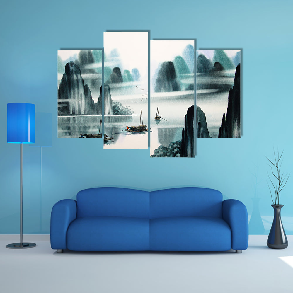 Misty River Chinese Watercolor Landscape Canvas Wall Art