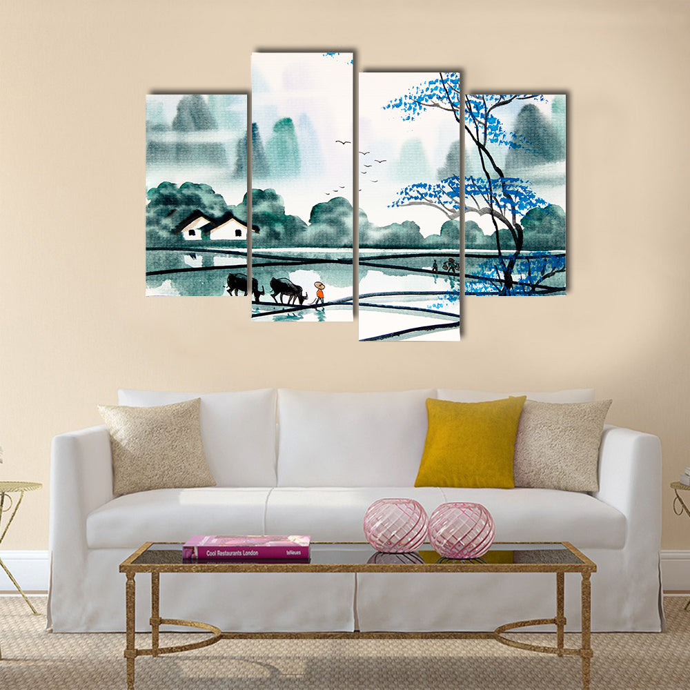 Misty Chinese Watercolor Landscape Canvas Wall Art