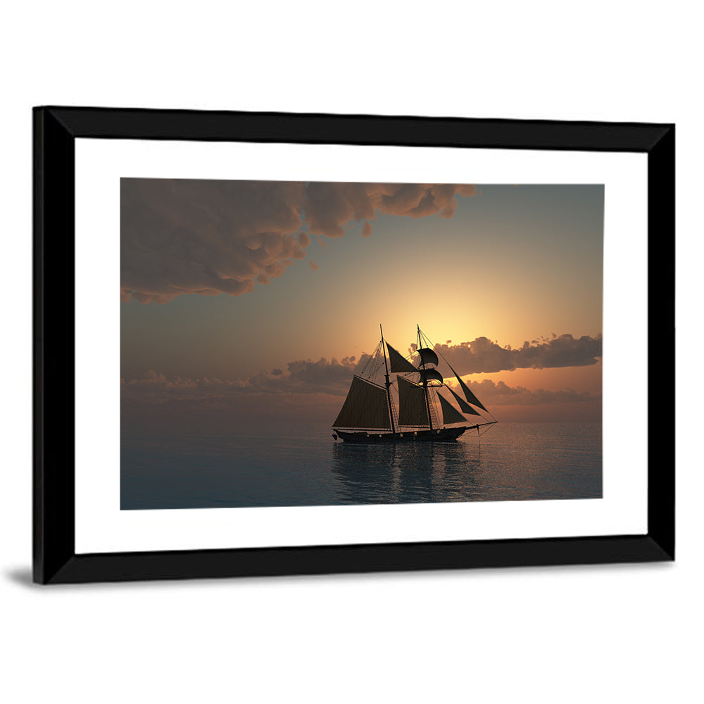 Schooner at Sunset on the Sea Canvas Wall Art