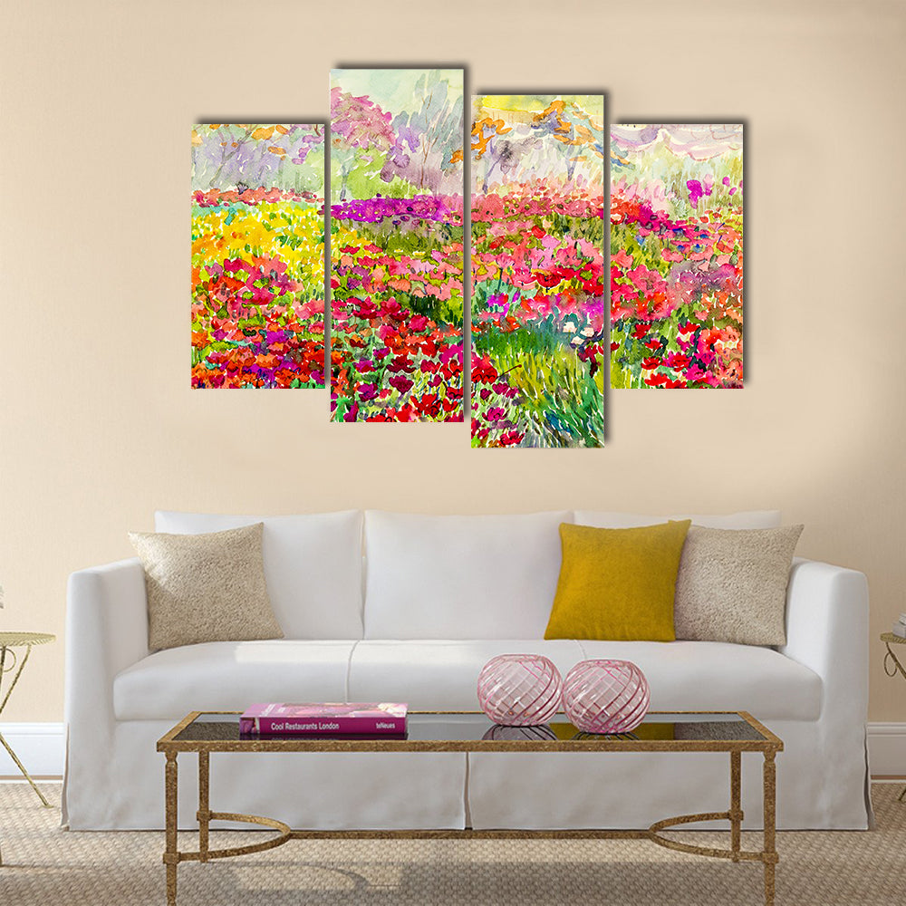 Watercolor Poppy Field in Spring Canvas Wall Art