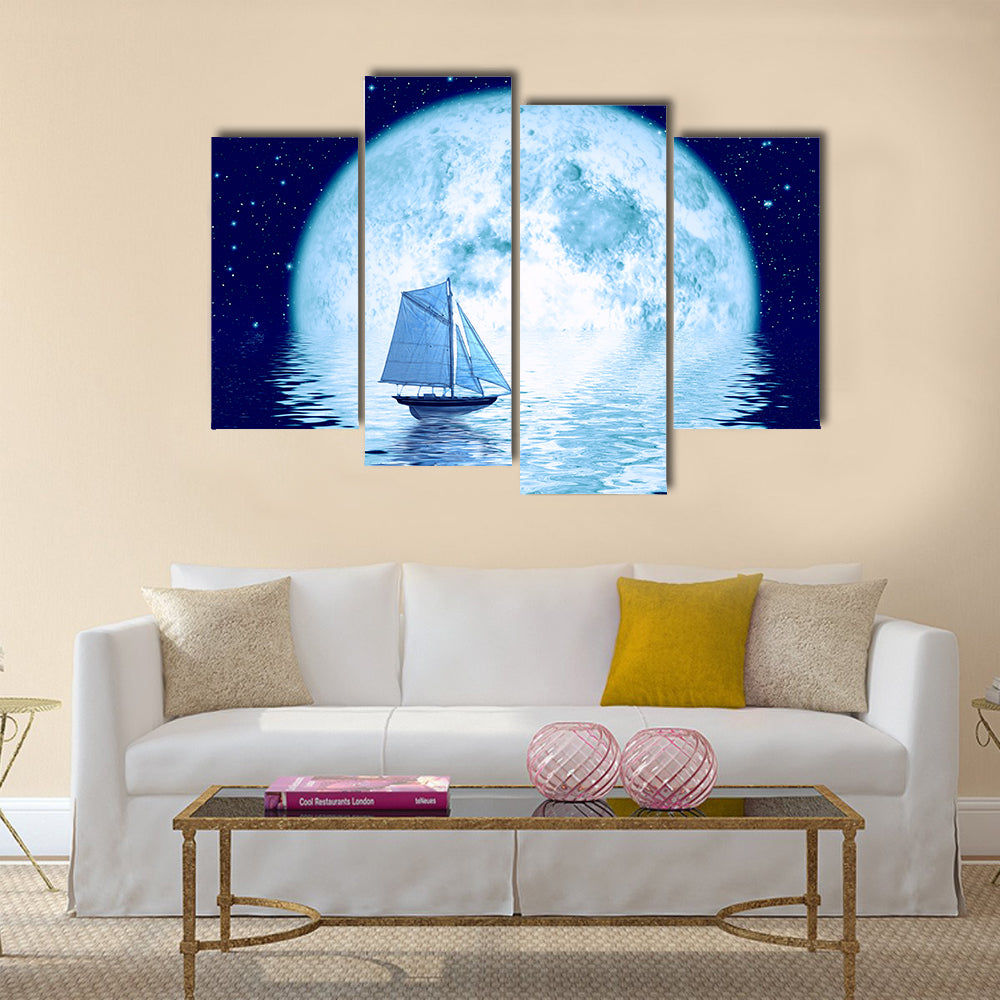 Sailing Ship Under Full Moon Canvas Wall Art