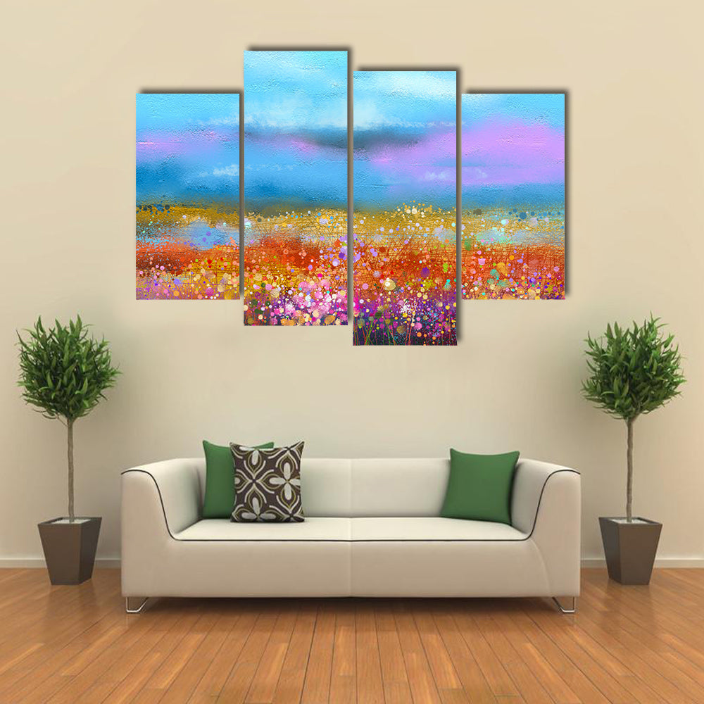 Watercolor Spring Meadow with Golden Horizon Canvas Wall Art
